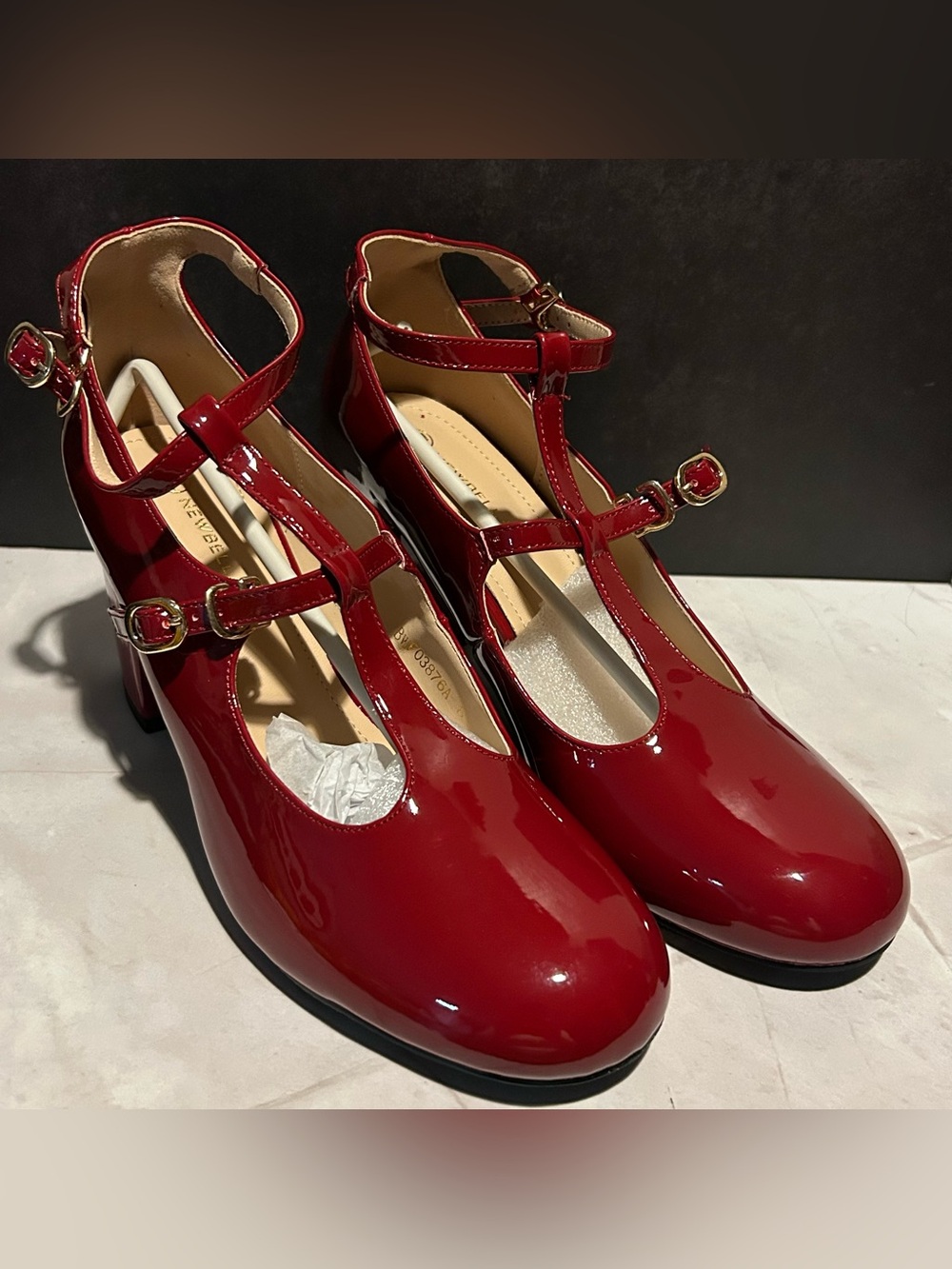 Newbella Patent Red T-Strap Block Heel Pumps